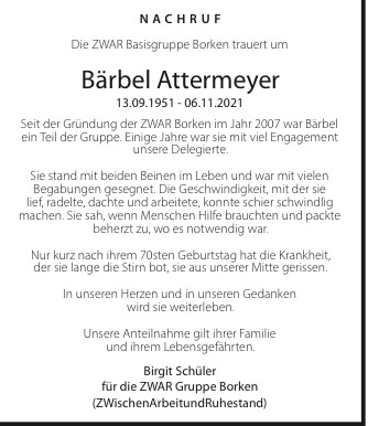 Nachruf Bärbel Attermeyer